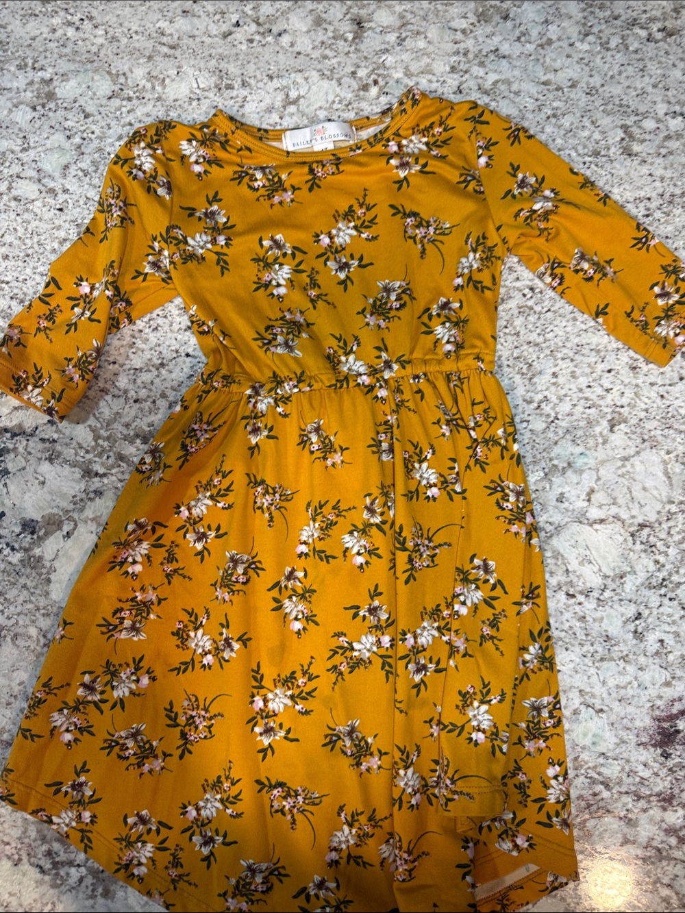 Girls' Mustard Floral Knit Dress with Elastic Waist